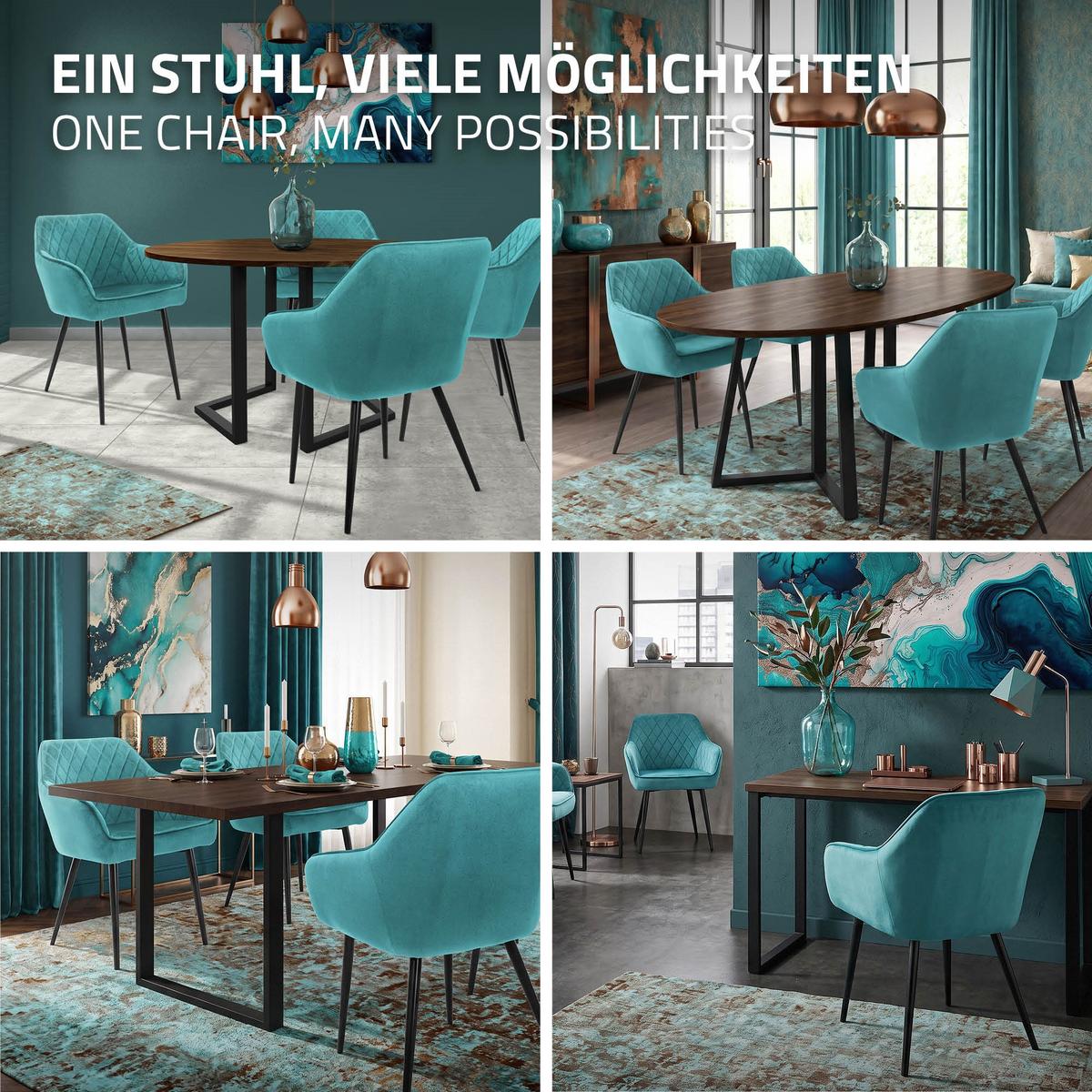 ESSZIMMERSTUHL 4er Set Petrol Samt - Türkis/Schwarz, Textil/Metall (63/80/60cm) - ML-DESIGN