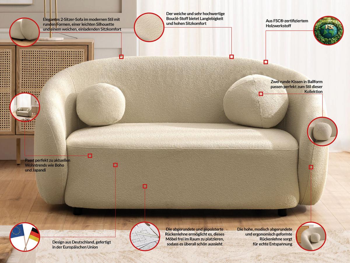 2-SITZER-SOFA Roundi Beige Bouclé - Beige/Schwarz, Holz/Kunststoff (150/76/80cm) - S-Style Möbel