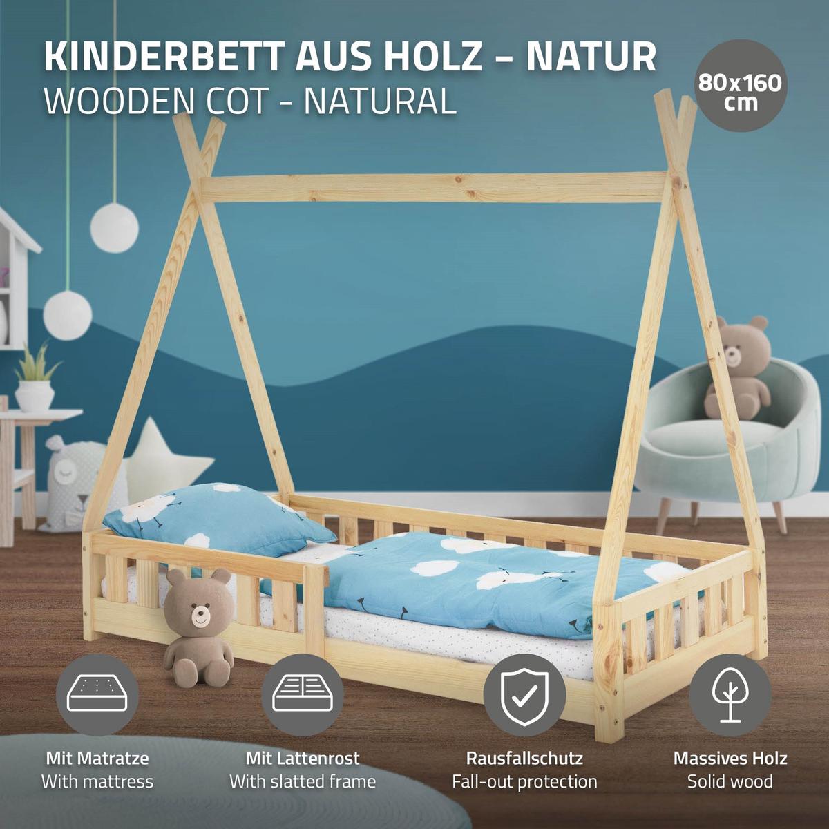 KINDERBETT Tipi mit Matratze 80x160 cm Natur - Naturfarben, Holz (80/160cm) - ML-DESIGN
