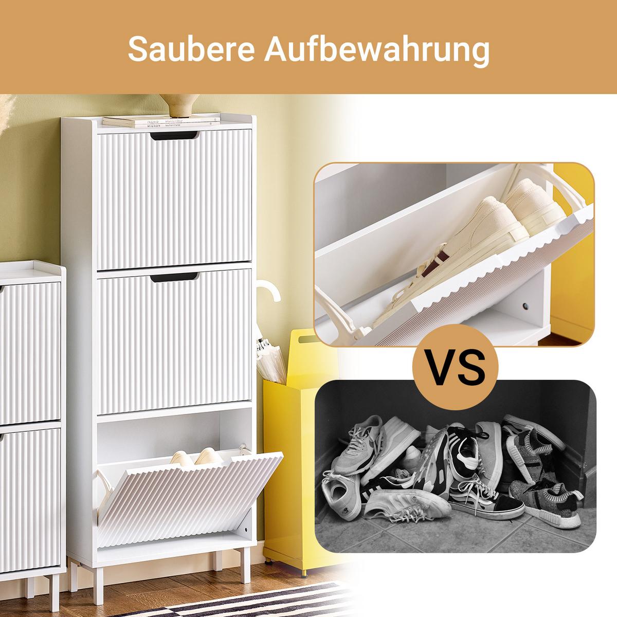 SCHUHSCHRANK mit 3 Klappen, Weiß 50x130x19cm - Weiß, Holzwerkstoff/Metall (50/130/19cm) - SoBuy