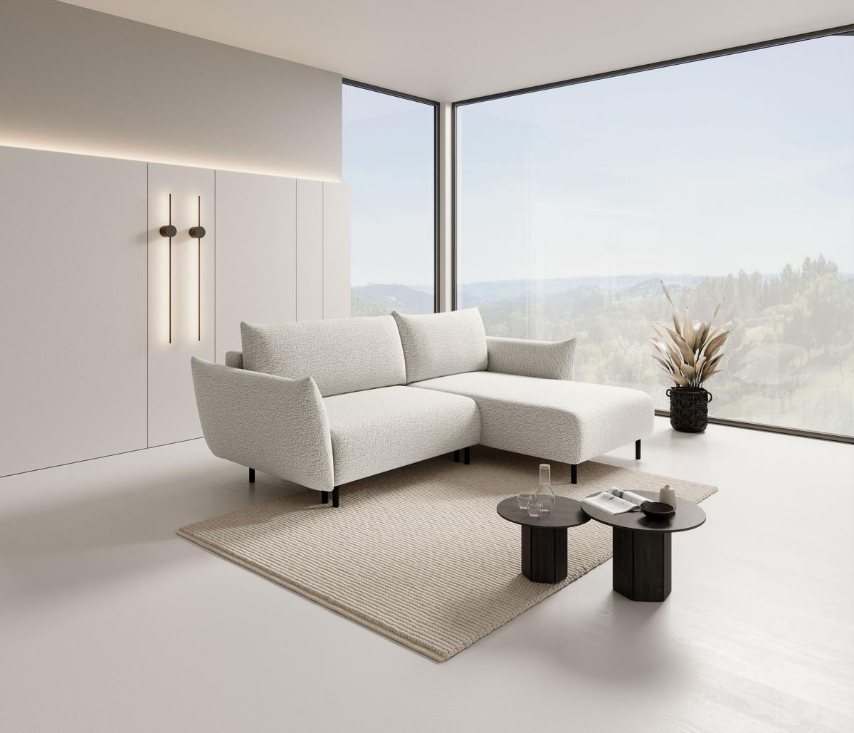 ECKSOFA UNO Creme Plüsch-Stoff mit Schlaffunktion - Creme, Holz (257/171cm) - MASSENO