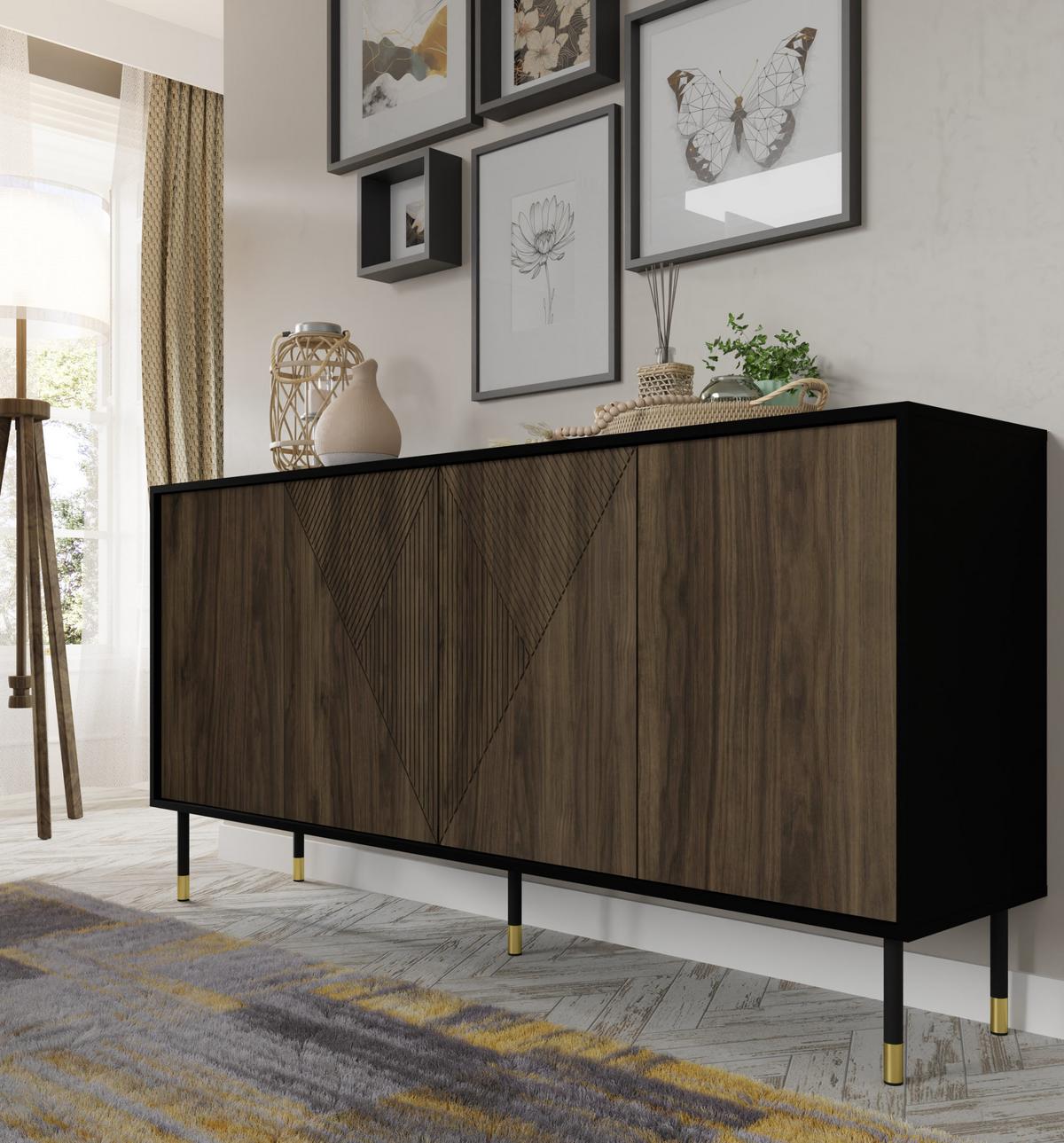 KOMMODE Schwarz, Walnuss, Gold 180/88/40 - Schwarz, Holzwerkstoff (180/88/40cm) - RAUMHIRSCH FURNITURE