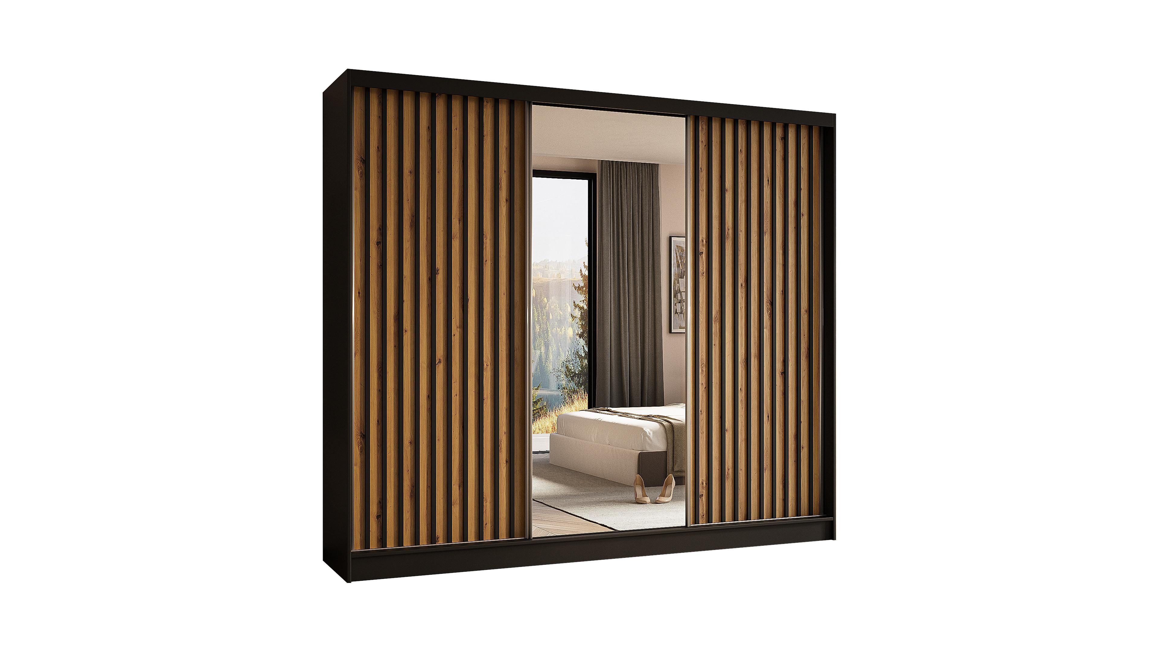 KLEIDERSCHRANK mit Spiegel-Schiebetüren und Aluminium-Leisten, LED-Beleuchtung - LAMELO- 240 cm Schwarz+Artisan+Schwarz - Schwarz, Holzwerkstoff (240/216/61cm) - ALTDECOR