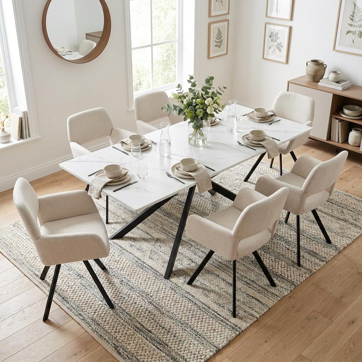 ESSTISCH-SET 1+6, ausziehbarer Tisch mit 6 Esszimmerstühlen - Schwarz/Weiß, Holzwerkstoff (180/75.5/70cm) - Urban Meuble