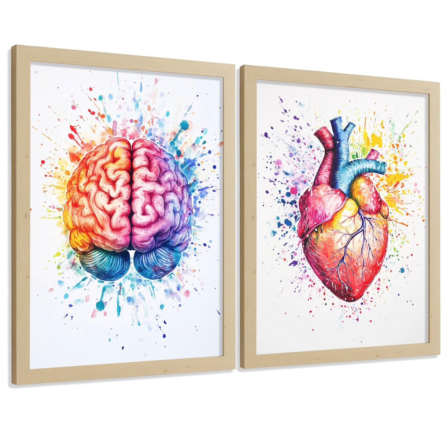 POSTER Set aus 2 Anatomie Drucke und Wandbilder mit Gehirn und Herz Künstlerische Mehrfarbig Aquarell Illustration Größe Leichter Holzrahmen A3 - Beige, Papier (29.7/42/3cm) - Nacnic