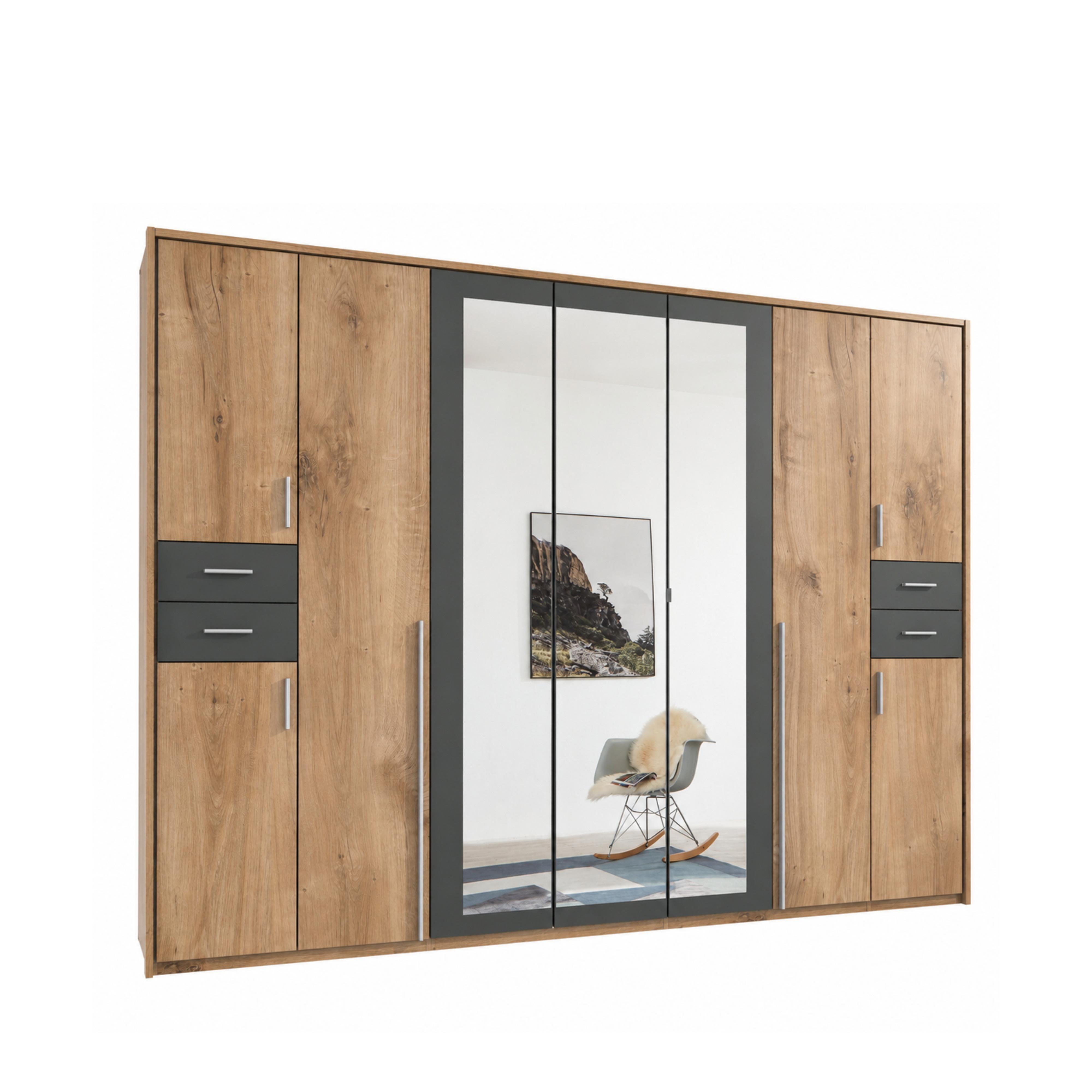 DREHTÜRENSCHRANK B313/H210/T58 cm in Eiche Dekor mit Absetzungen in Grafit, Kleiderschrank mit Passepartout & 3 Spiegeltüren & Schubkästen / 22582 - Eichefarben/Silberfarben, Holzwerkstoff/Kunststoff (313/210/58cm) - luma-home