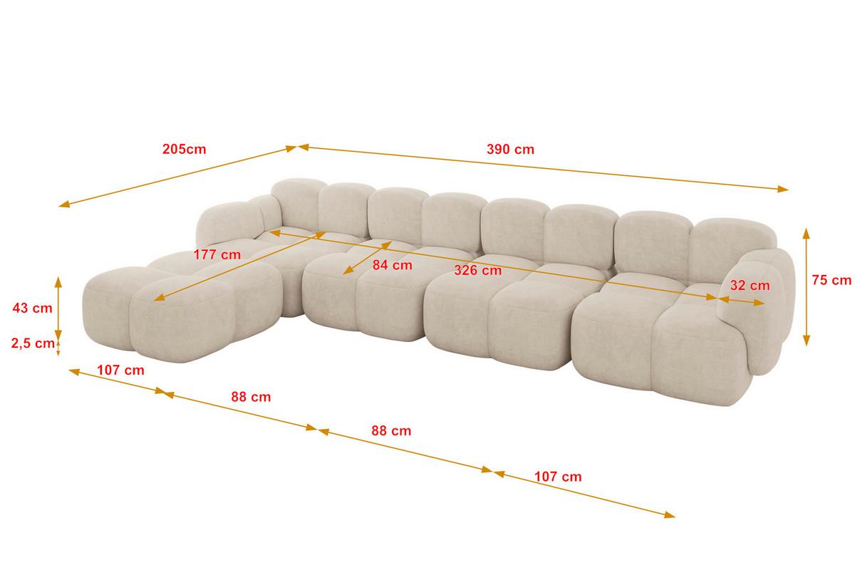 ECKSOFA modulares Sofa Links Miko-L3 390x205x75 Beige Velours - Ecru/Schwarz, Holzwerkstoff/Kunststoff (390/205cm) - ALTDECOR