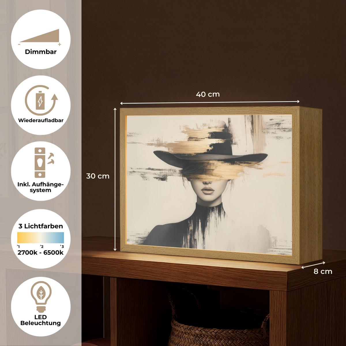 WANDLEUCHTE MIT AKKU Frau - Hut - Farbe 40x30 cm - Creme, Holzwerkstoff (40/30/8cm) - OnlyWow