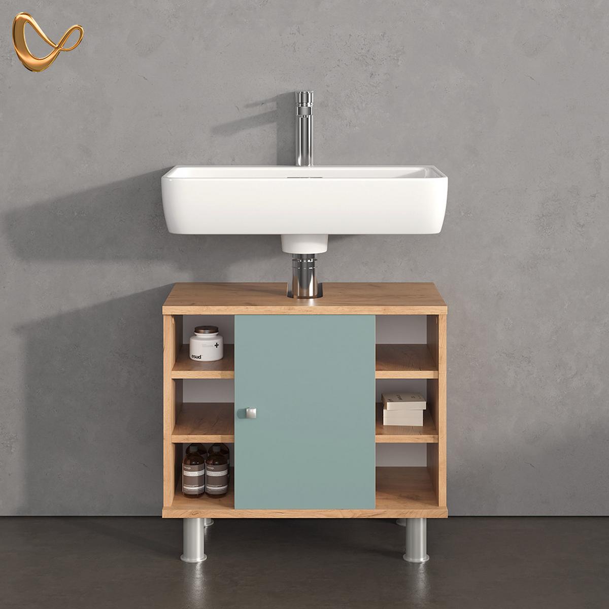 WASCHBECKENUNTERSCHRANK Fucino Grün/Goldkraft Eiche 60 x 54 cm - Honigeiche/Grün, Holzwerkstoff (60/54/32cm) - Livinity®