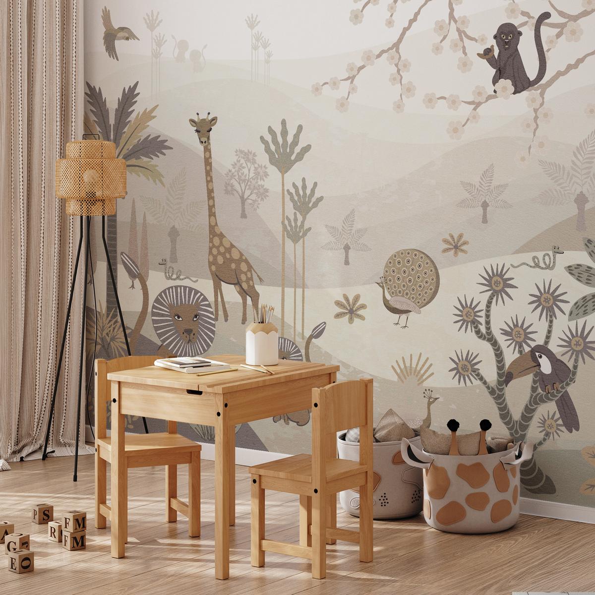 FOTOTAPETE für Kinderzimmer Safari Wilde Tiere Dschungel Boho Palmen Giraffe 400x280 - Beige/Creme, Papier (400/280cm) - Muralo