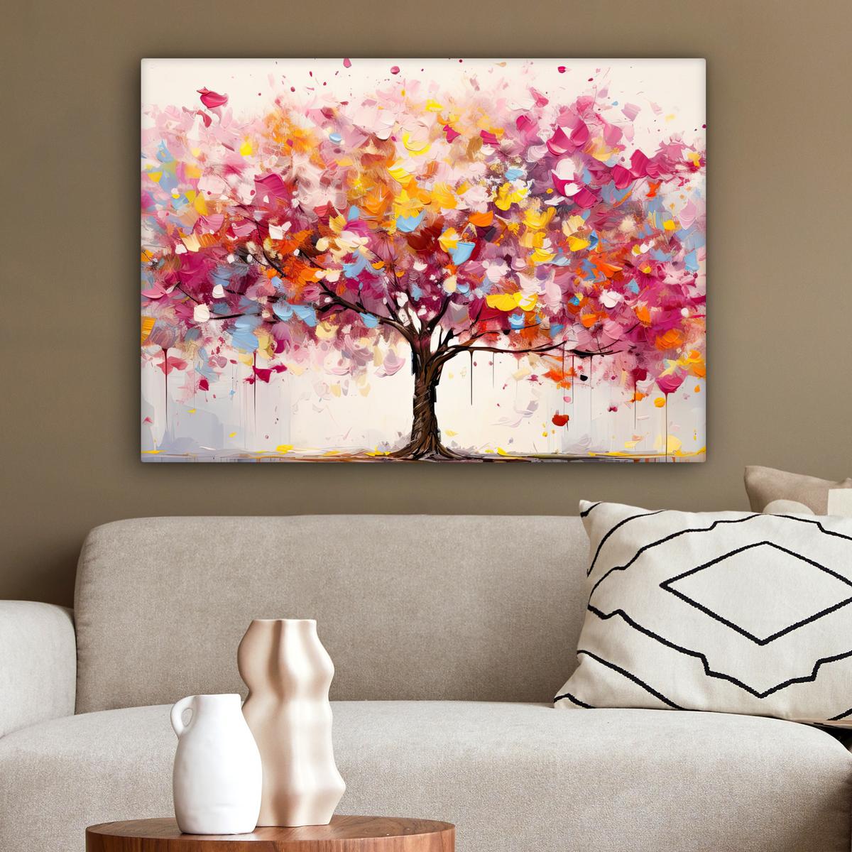 LEINWANDBILD Aquarell - Baum - Kunst - Abstrakt Wandbilder 80x60 cm - Rosa, Textil (80/60cm) - MuchoWow