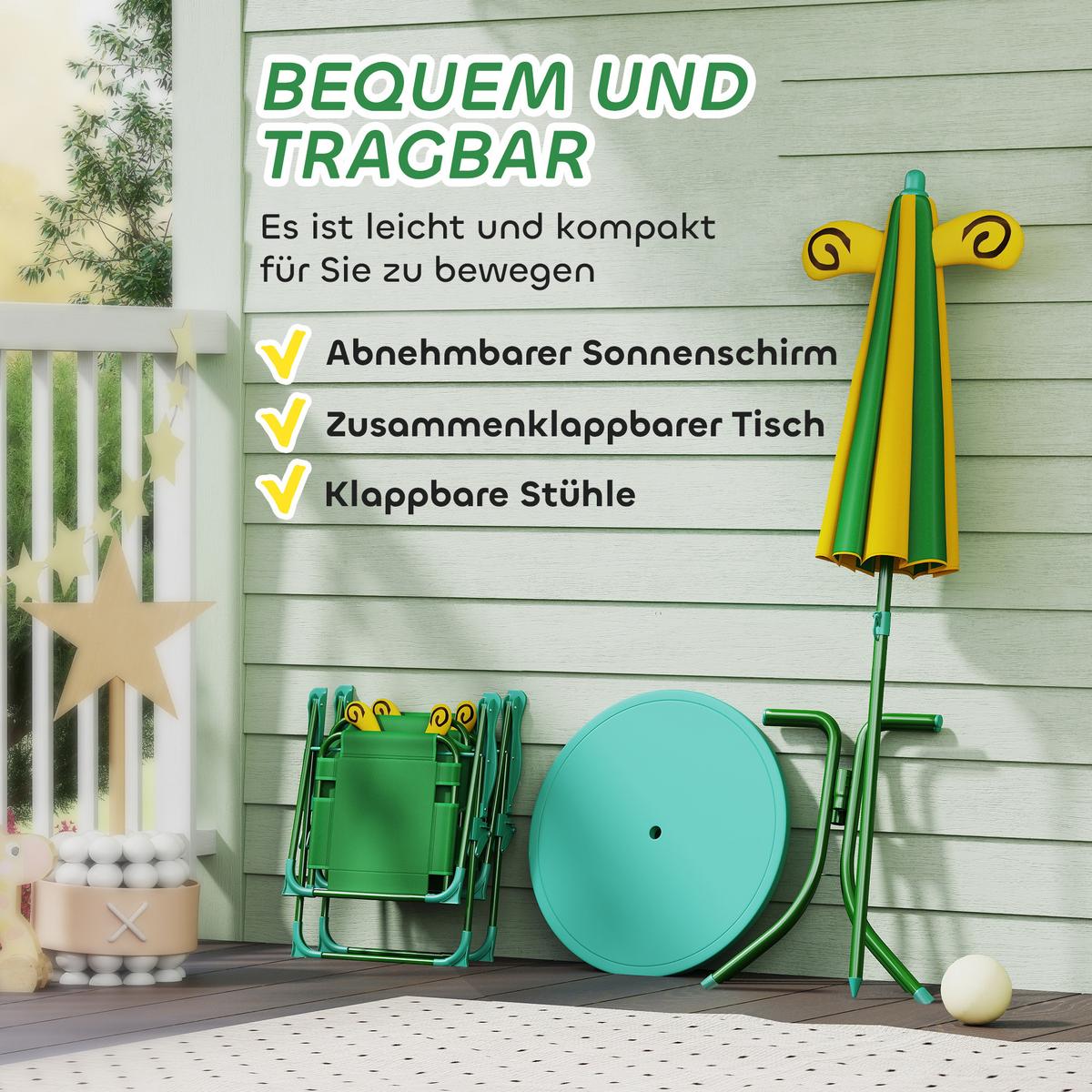 KINDERSITZGRUPPE Garten Kindersitzgarnitur mit 2 Klappstühlen Bienen-Muster Grün - Grün, Metall - AIYAPLAY