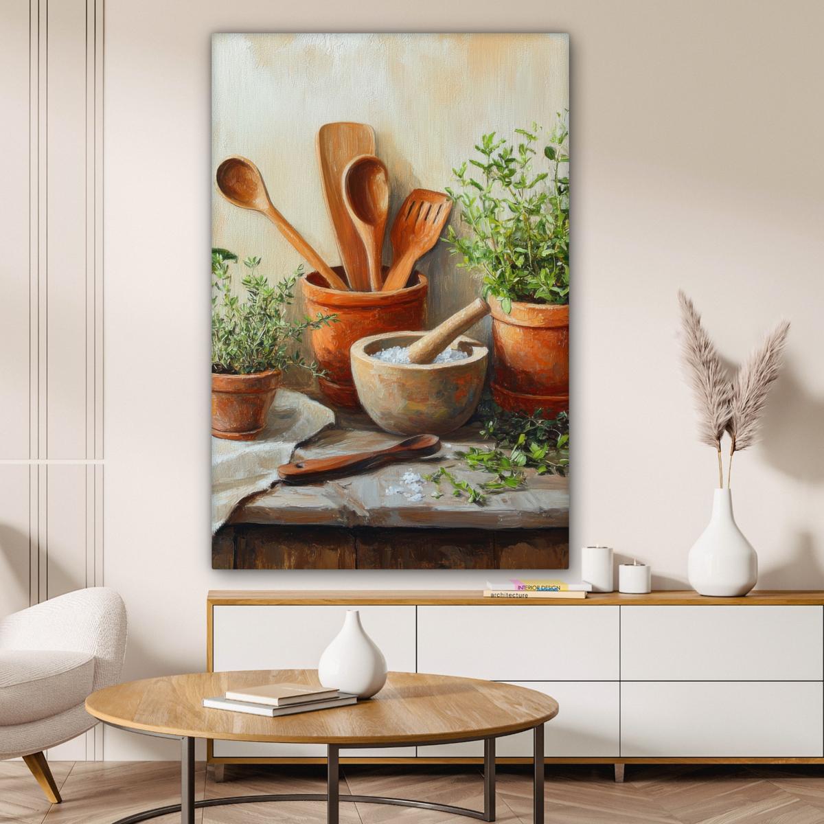 LEINWANDBILD Töpfe - Kräuter - Holz Deko XXL 80x120 cm - Terracotta, Textil (80/120cm) - MuchoWow