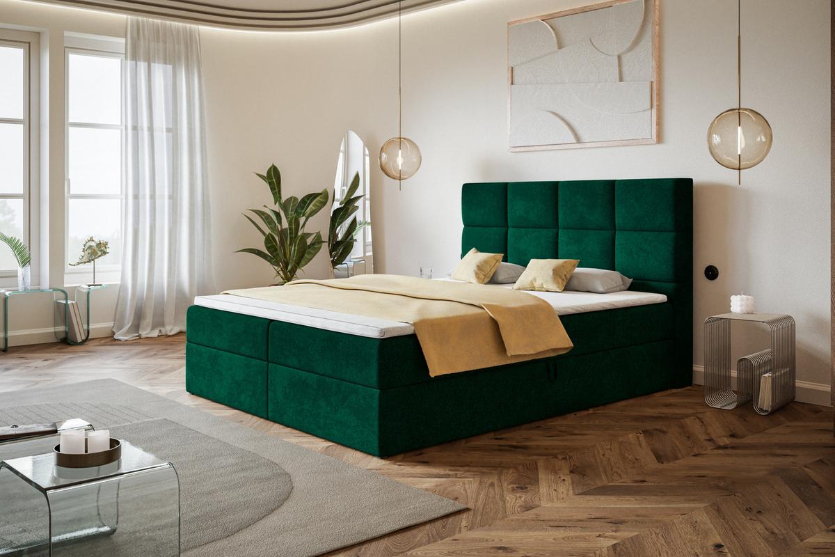BOXBETT ROMA mit 2 Bettkästen, 180x200, Farbe: Dunkelgrün, Velourstoff, Doppelbett mit Bonell-Matratze - Dunkelgrün, Holz/Kunststoff (180/200cm) - Alpi-Möbel