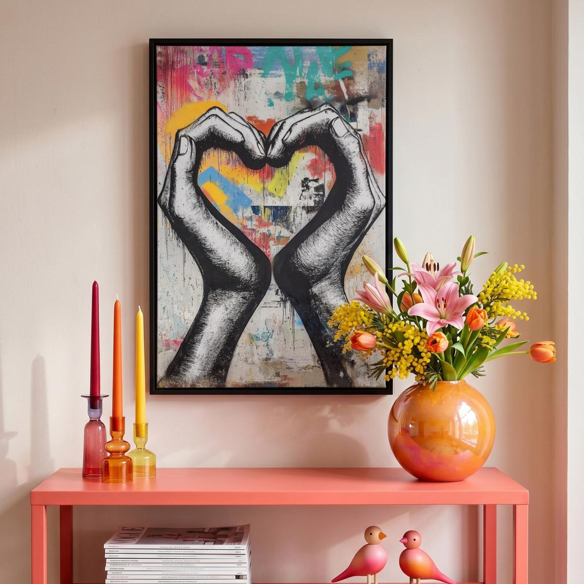 LEINWAND Bilder mit Rahmen - Hände - Herz - Straßenkunst - Graffiti - 40x60 - Multicolor, Textil (40/60cm) - MuchoWow