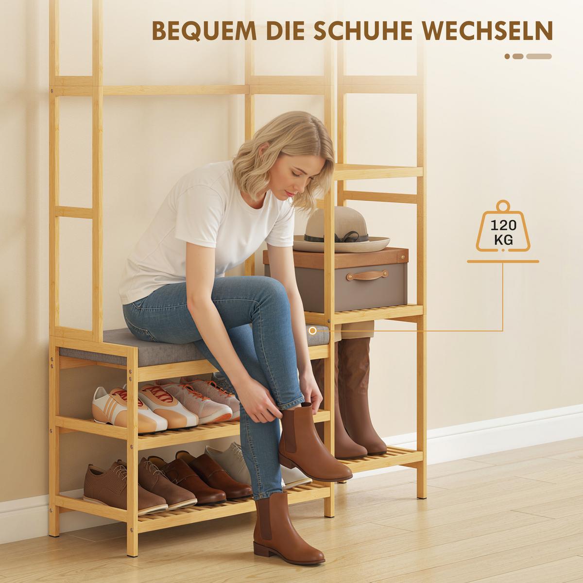 GARDEROBENSTÄNDER mit 10 Haken 104/33/175 cm Natur - Naturfarben/Grau, Holz/Bambusholz (33/175/104cm) - HOMCOM