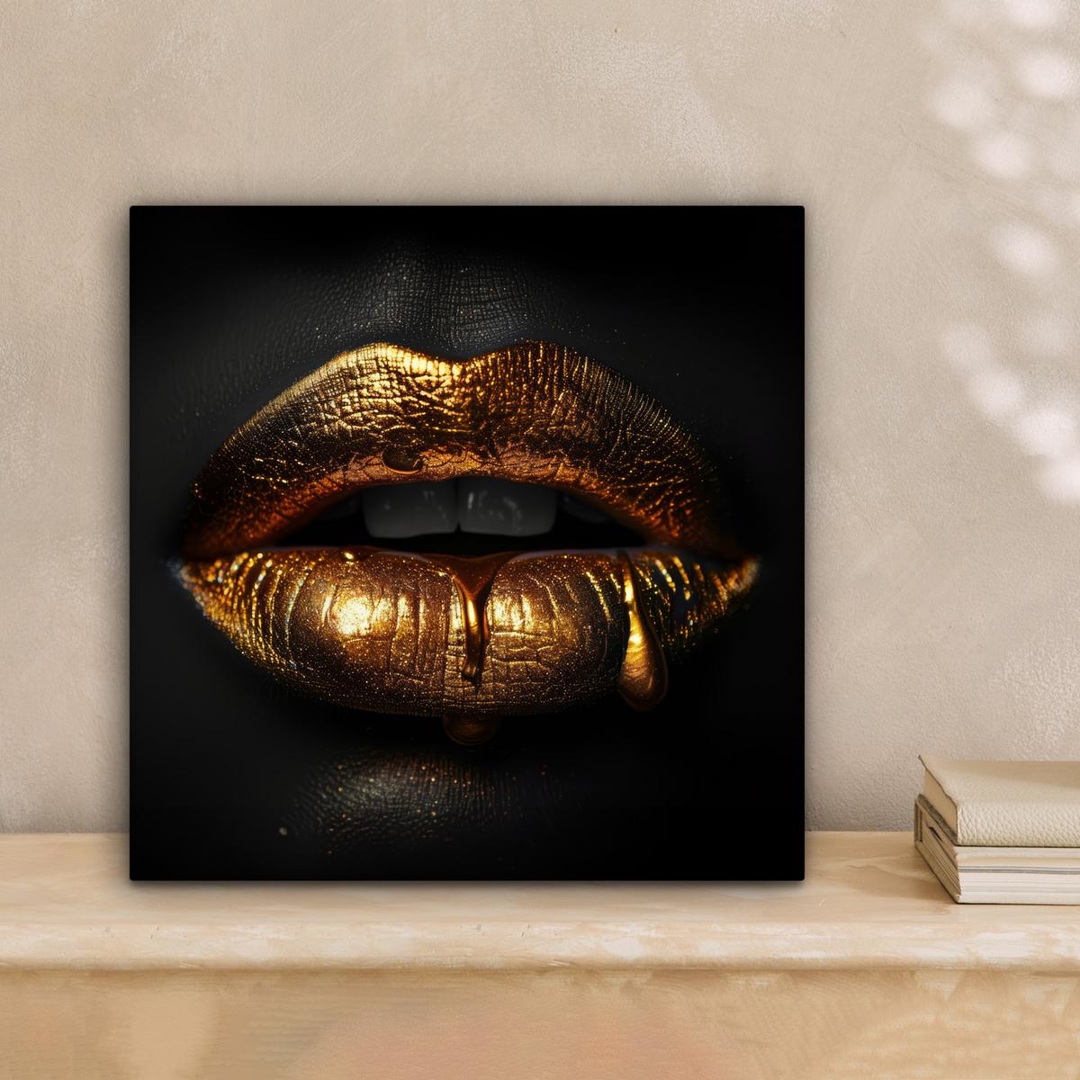 LEINWANDBILD Frau - Porträt - Lippen - Gold - Schwarz Deko Wohnzimmer 20x20 cm - Schwarz, Textil (20/20cm) - MuchoWow