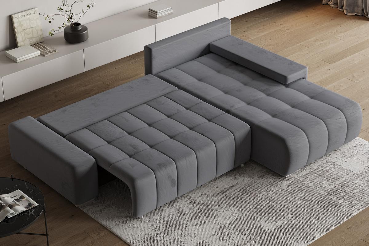 ECKSOFA ALESE R-S Grau Velours-Stoff mit Schlaffunktion - Silberfarben/Grau, Holz/Textil (265/185cm) - MASSENO