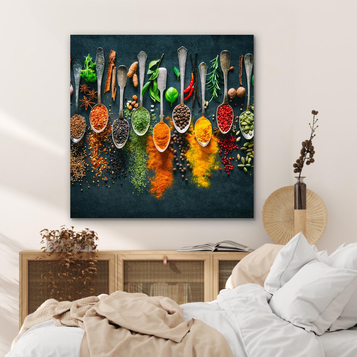 METALLBILD Kräuter - Gewürze - Löffel 90x90 cm - Currygelb, Metall (90/90cm) - MuchoWow