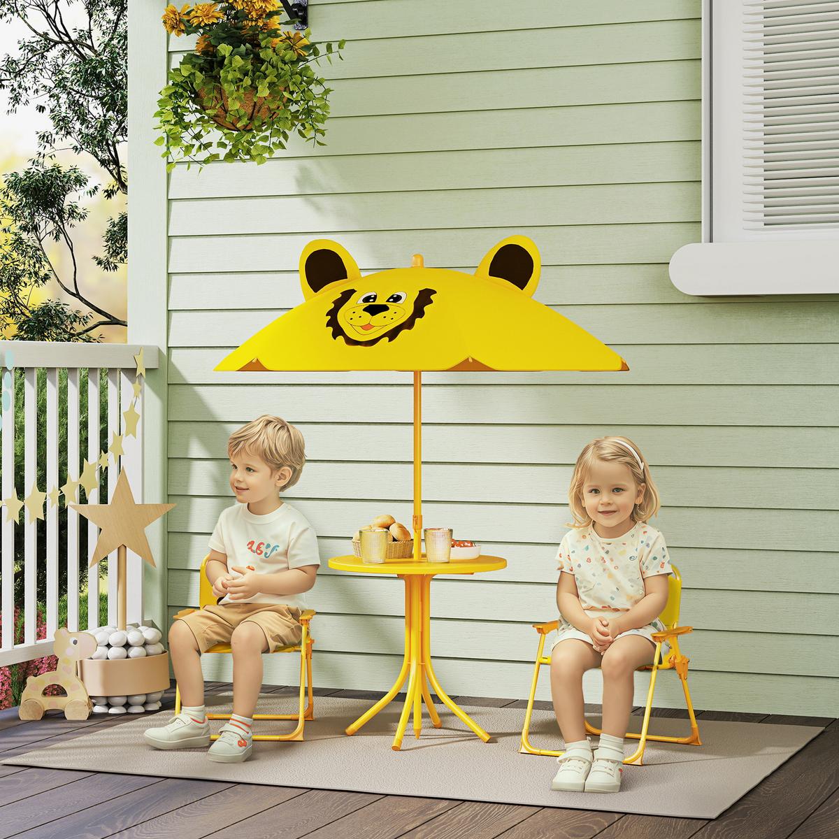 4 tlg. Kindersitzgruppe Garten Kindersitzgarnitur mit Sonnenschirm Klappstühle - Gelb, Metall - AIYAPLAY