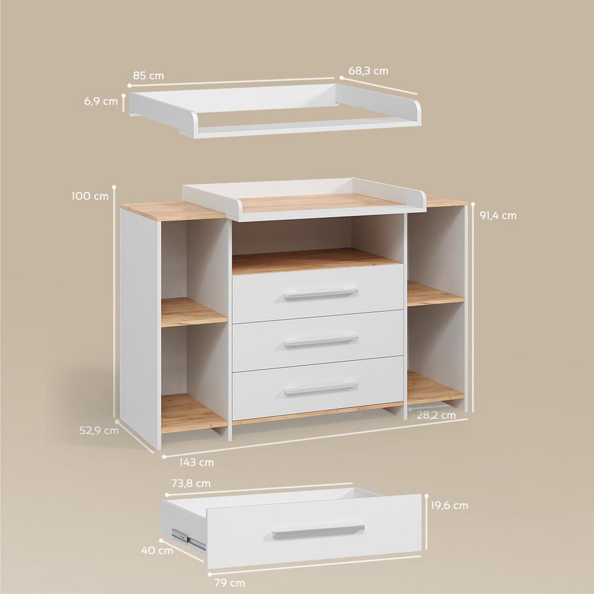 WICKELKOMMODE Torino Weiß/Goldkraft Eiche mit 3 Schubladen - Honigeiche/Weiß, Holzwerkstoff (143.2/93/53.1cm) - Livinity®