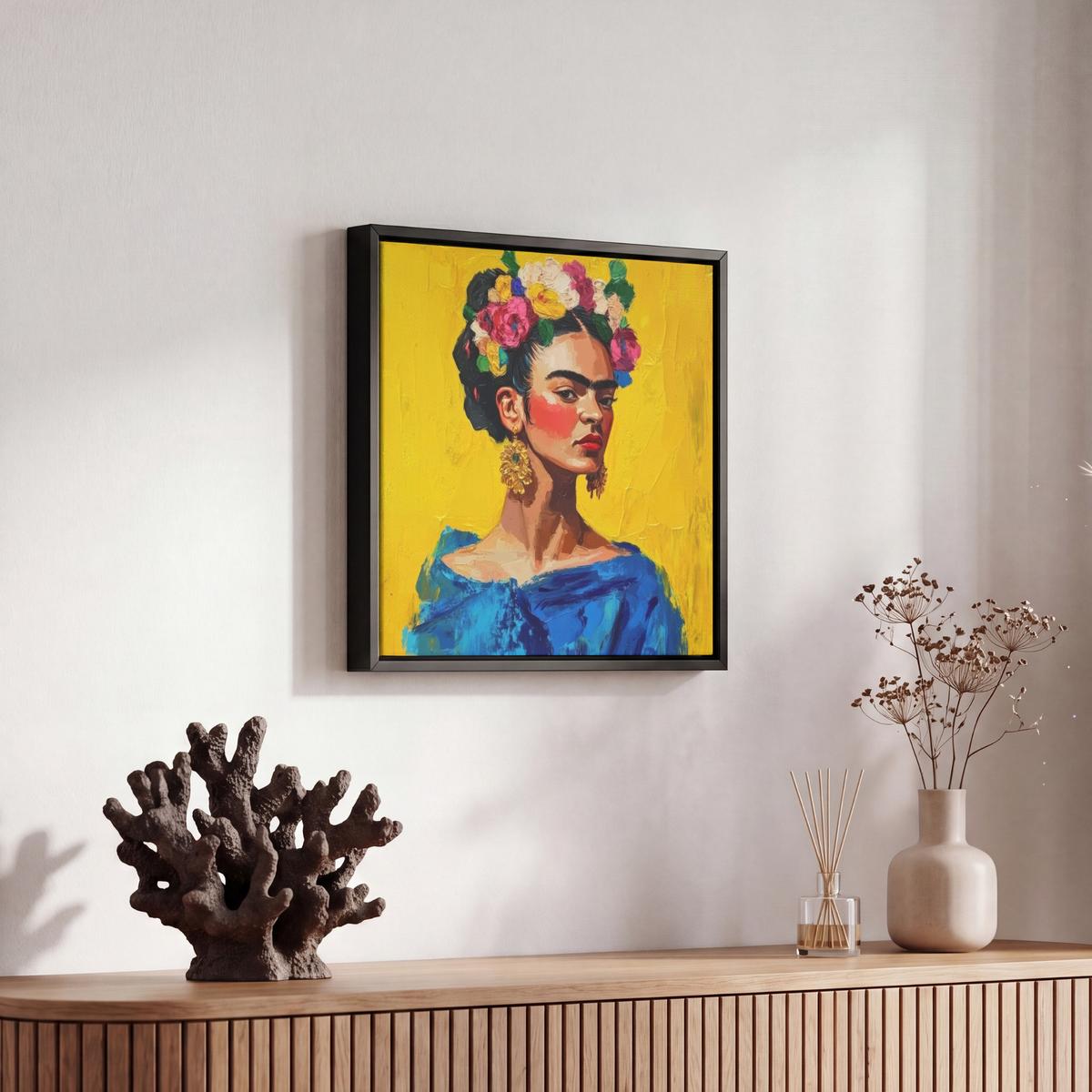 LEINWAND Bilder mit Rahmen - Frida Kahlo - Frau - Gelb - Blau - Blumen - 20x20 - Gelb, Textil (20/20cm) - MuchoWow