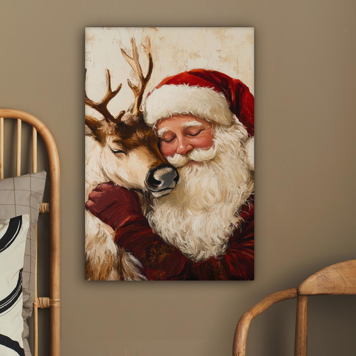LEINWANDBILD Weihnachtsmann - Rentier - Weihnachten Wanddeko 40x60 cm - Rotbraun, Textil (40/60cm) - MuchoWow