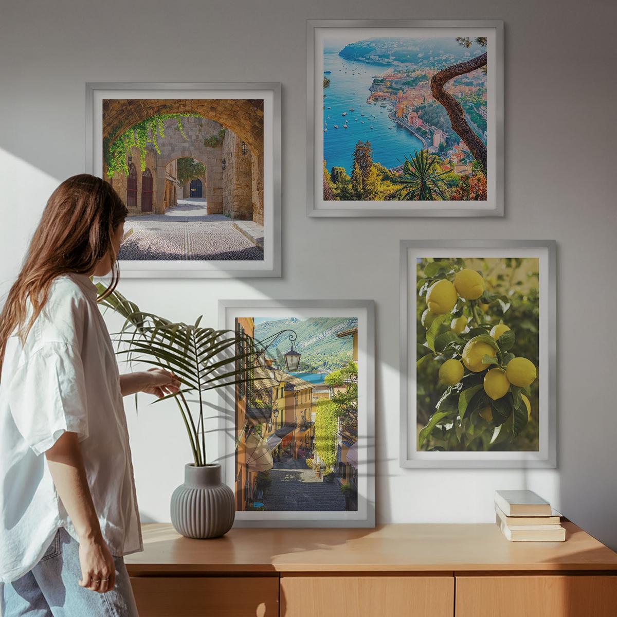 BILDER SET 4er Set - 50x50 cm & 40x60 cm Silberner Rahmen - Straßen am Meer, ein Meer aus Zitronen - Silberfarben, Kunststoff (50/50cm) - TULUP