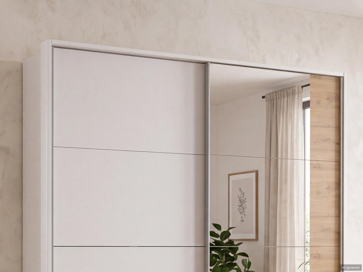 SCHWEBETÜRENSCHRANK 2-türig B183/H200/T65 cm, Passepartout-Kleiderschrank in Weiß mit Spiegel, 1x Tür & Schubkästen in Eiche Artisan Dekor / 22711 - Eichefarben/Alufarben, Holz/Holzwerkstoff (183/200/65cm) - luma-home