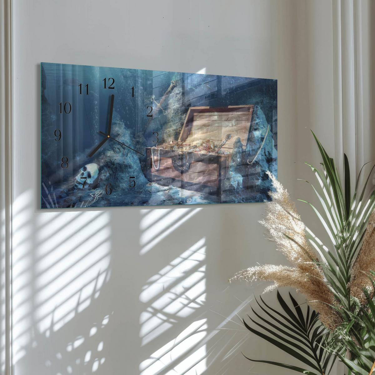 WANDUHR aus Glas 60x30 cm - Unterwasserschätze - Blau, Glas (60/30/0.4cm) - TULUP