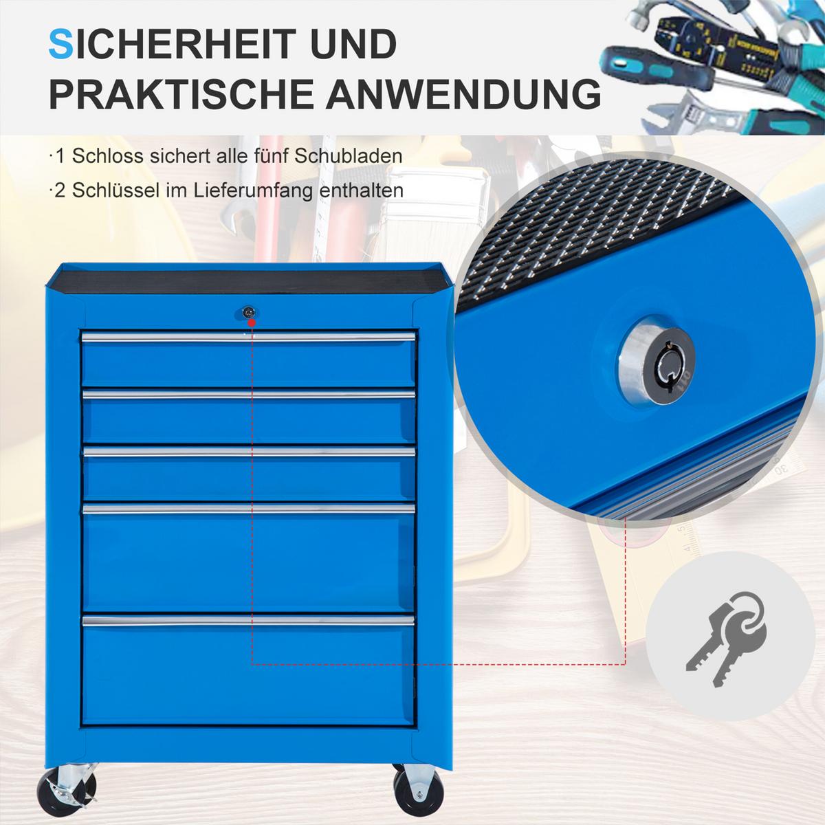 WERKZEUGWAGEN mit 5 Schubladen Blau - Blau, Metall (33/82.5/61.5cm) - HOMCOM