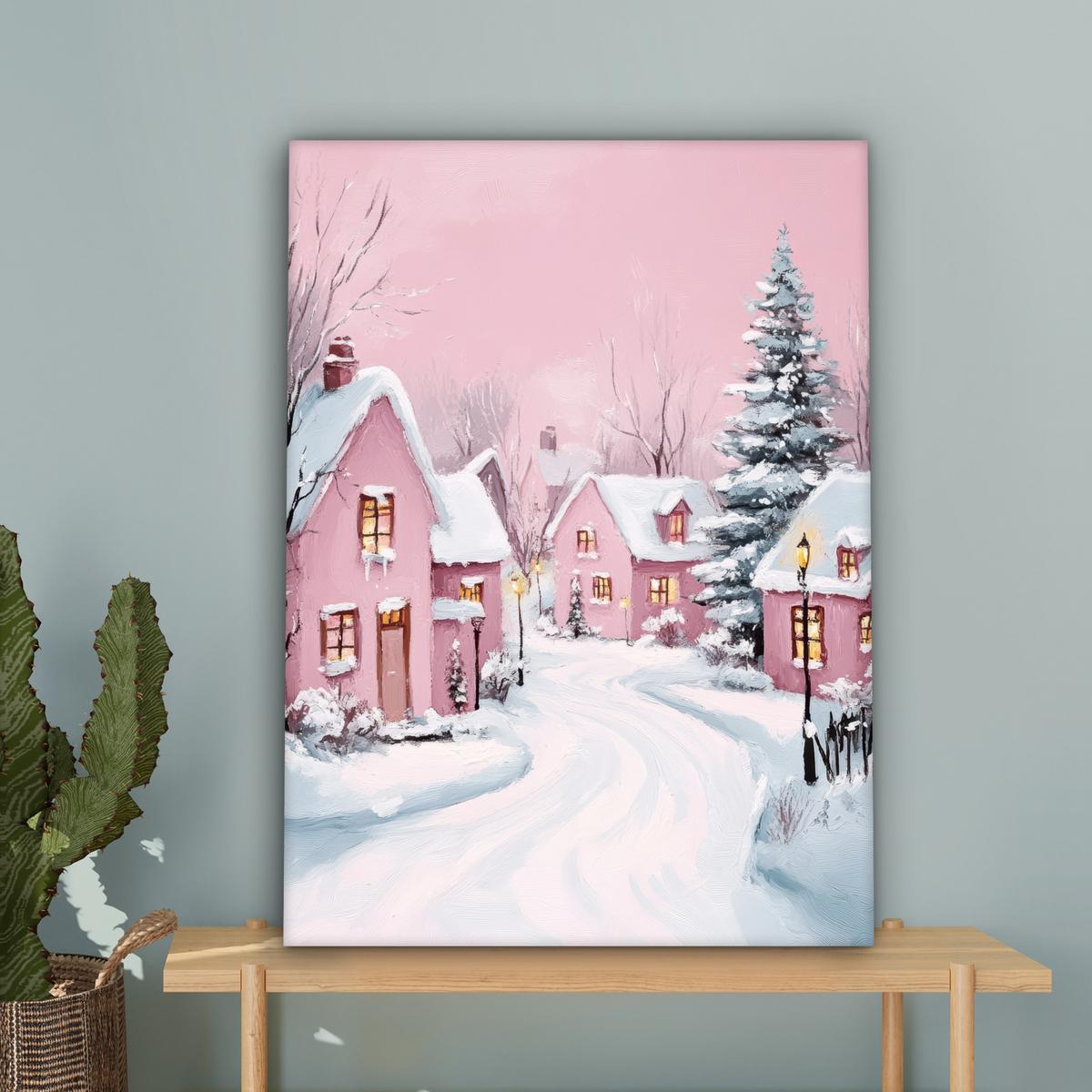 LEINWANDBILD Weihnachtsdorf - Rosa - Winter - Schnee - Häuser Wandbild Wohnzimmer 60x80 cm - Altrosa, Textil (60/80cm) - MuchoWow