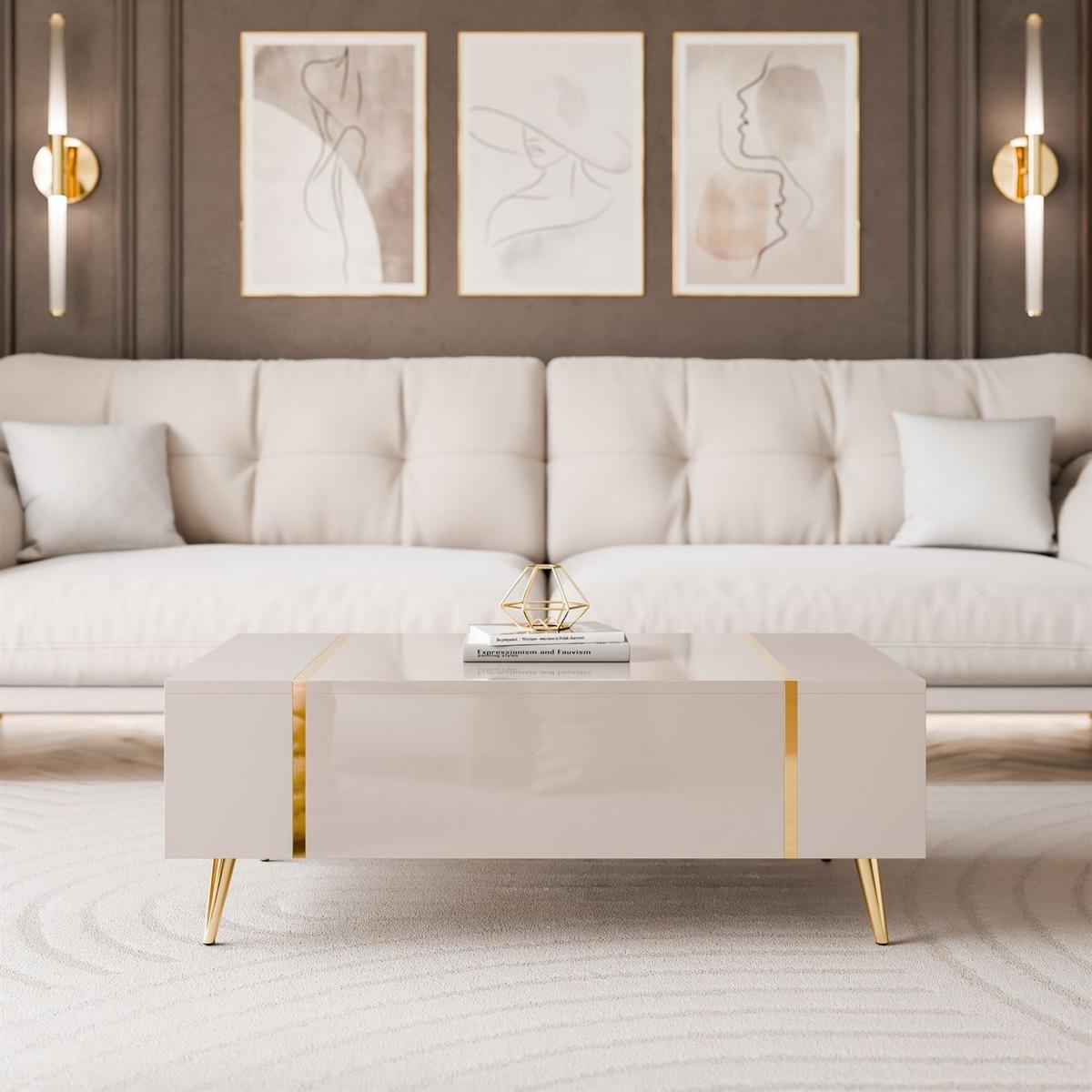 COUCHTISCH ONYX Kaschmir auf goldenen Beinen Hochglanz - Kaschmir, Holzwerkstoff (65/104/41.5cm) - Lookway