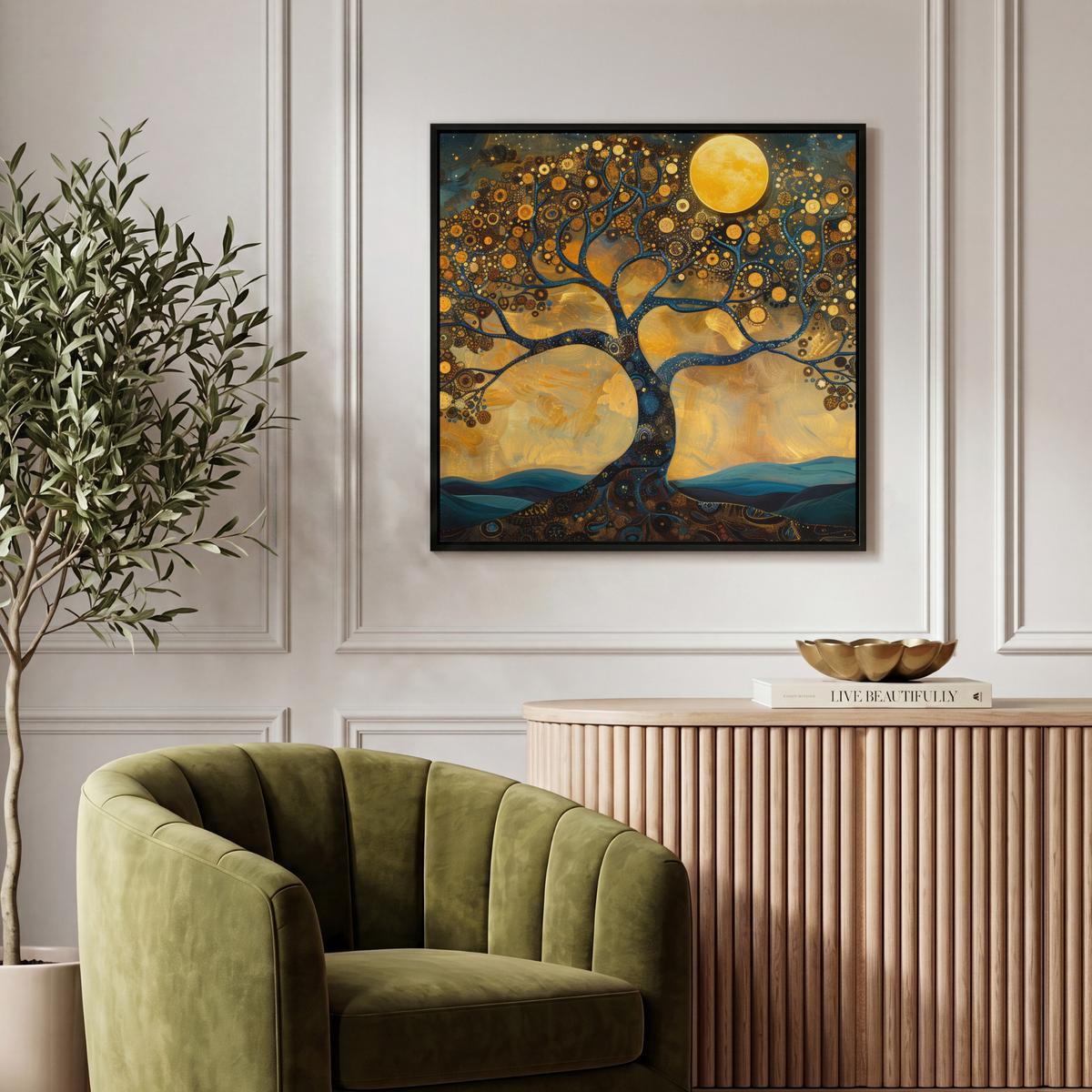 LEINWAND Bilder mit Rahmen - Baum - Mond - Blumen - Gold - Kunst - 50x50 - Orange, Textil (50/50cm) - MuchoWow