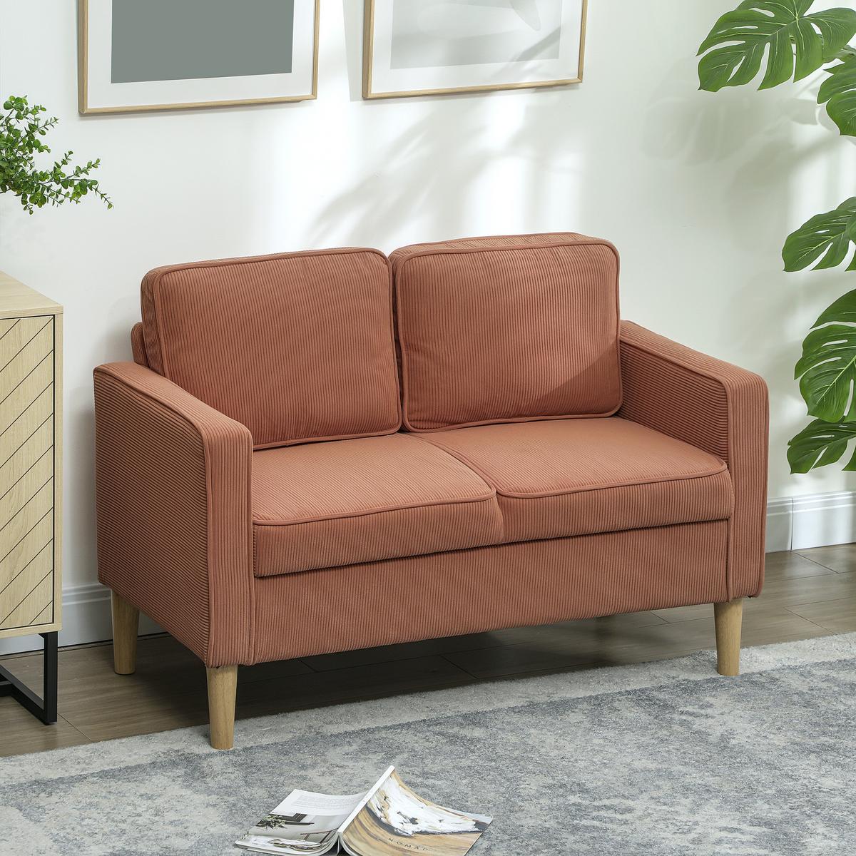 SOFA 2 Sitzer klein Couch mit Armlehne, Stauraum für Wohnzimmer, Orange - Orange/Naturfarben, Holz/Textil (63/79/117cm) - HOMCOM
