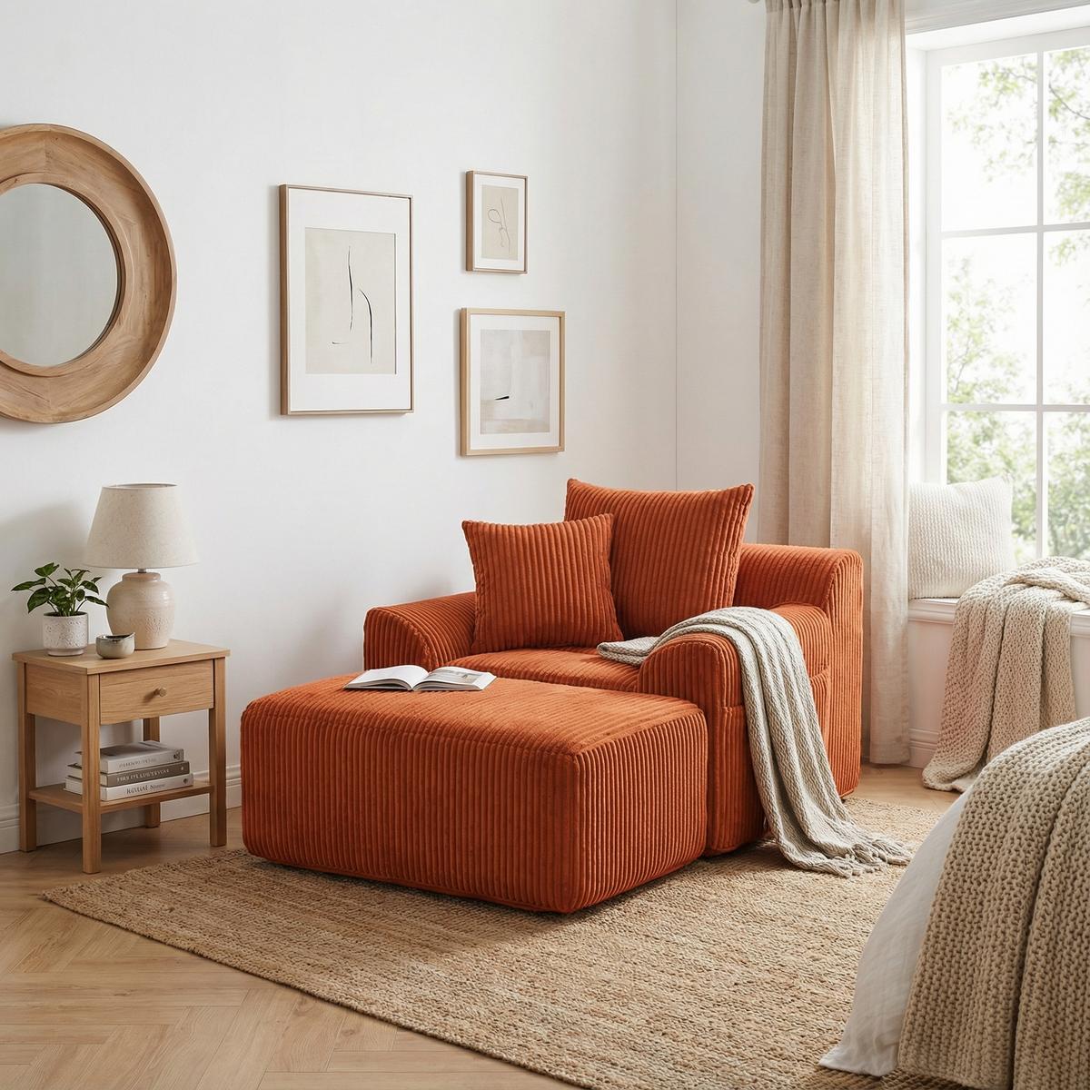 SESSEL mit Hocker in Cord Übergroßer Relaxsessel - Orange, Textil (110/67/147cm) - Urban Meuble