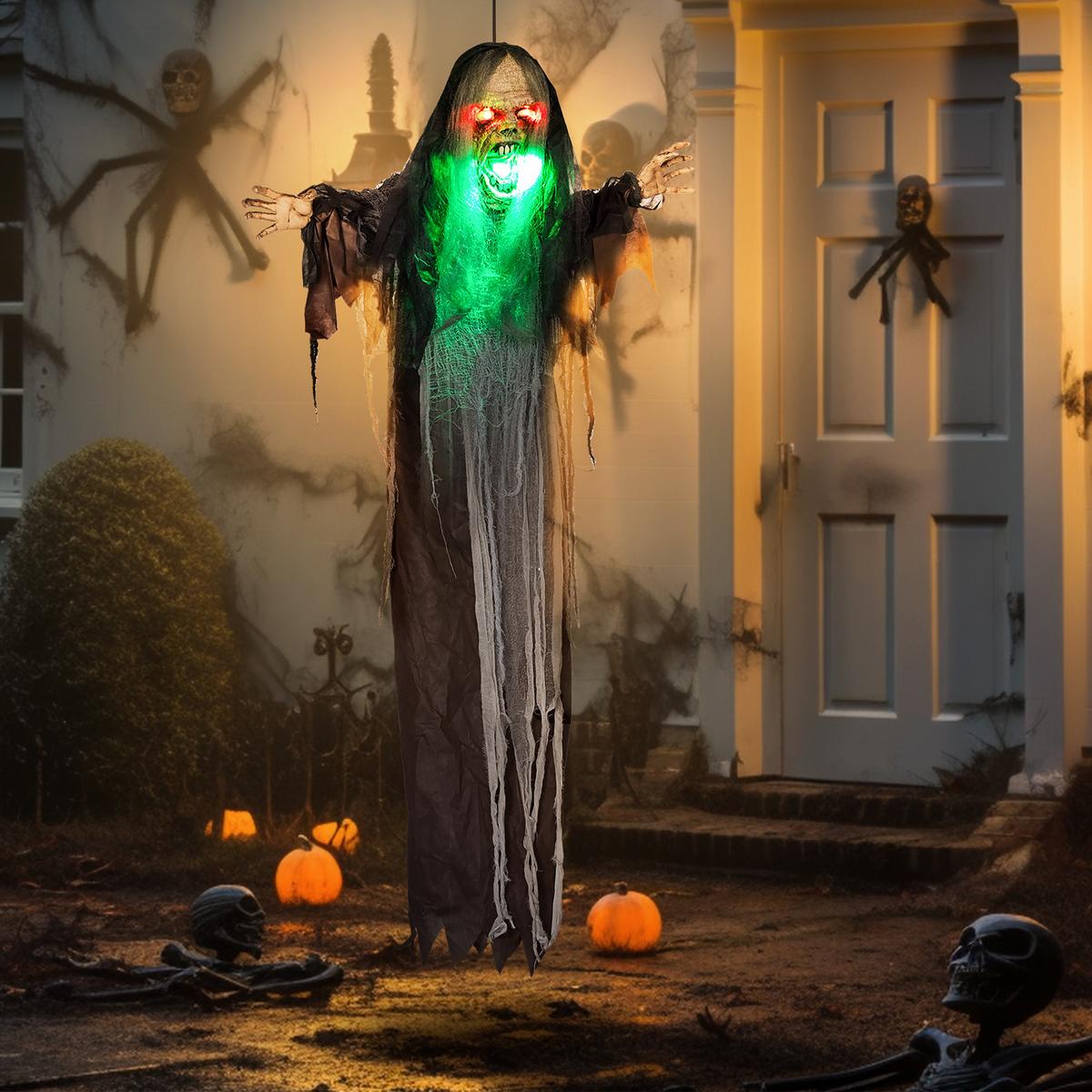 HALLOWEEN DECORATIONS 183cm Hängendes Monster mit grün LED-Lichter, Soundfunktion - Schwarz, Kunststoff (18/183/70cm) - HOMCOM