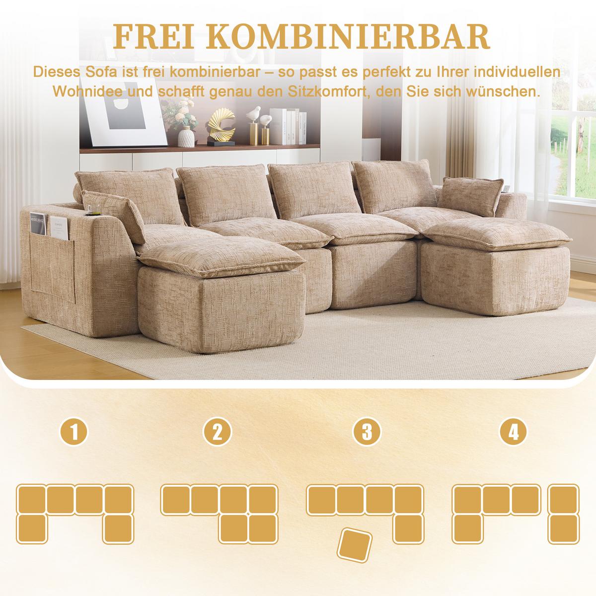 4-SITZER-SOFA aus chenille, modular mit 2 fußhockern und getränkehaltern - Sandfarben, Textil (322/75/161cm) - Urban Meuble