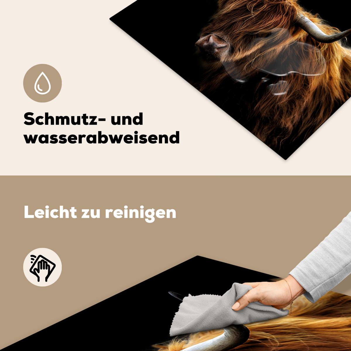 HERDABDECKPLATTE Schottischer Highlander - Hörner - Schwarz - Tiere - Natur - Wild - Kuh Induktionsmatte 77x59 cm - Cognac, Kunststoff (77/59/0.2cm) - MuchoWow