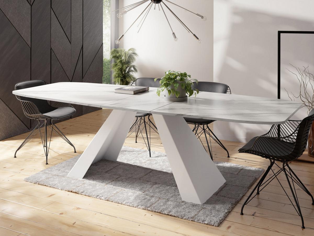 ESSTISCH Monte Weiß rechteckig ausziehbar, Marmor Weiß 160-200/80/76 cm - Ecru/Weiß, Holzwerkstoff/Metall (80/198/76cm) - WFL GROUP