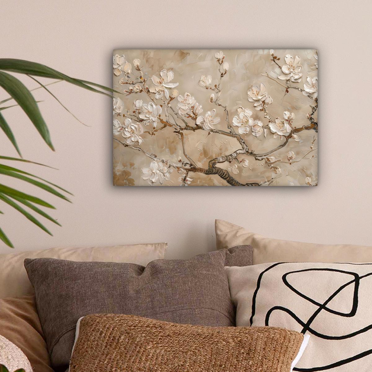 LEINWANDBILD Blumen - Modern - Beige - Weiß - Blüte Deko Schlafzimmer 30x20 cm - Beige, Textil (30/20cm) - MuchoWow
