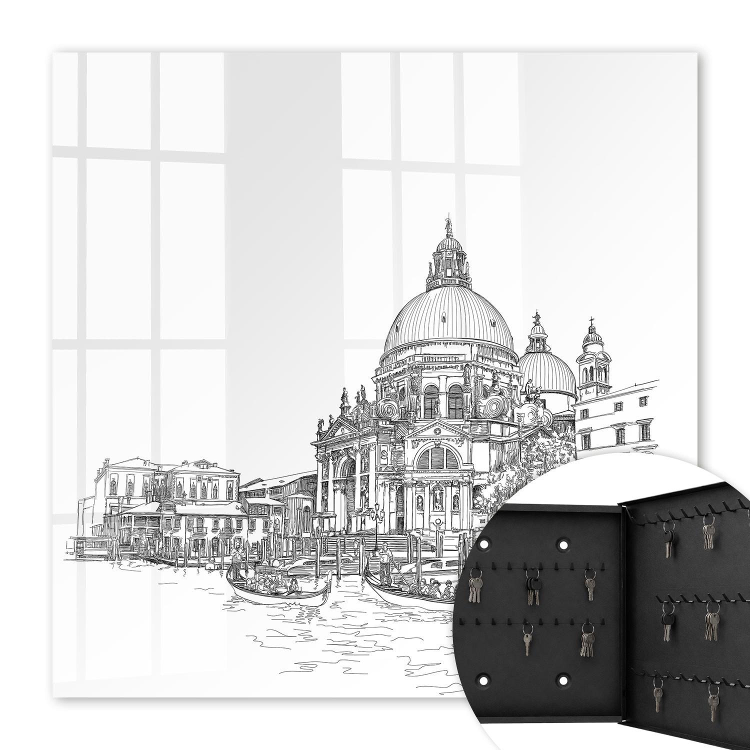 SCHLÜSSELBOX Schwarz 30x30 cm- Türöffnung nach rechts - Venedig-Linien - Weiß, Metall (30/30/5cm) - TULUP