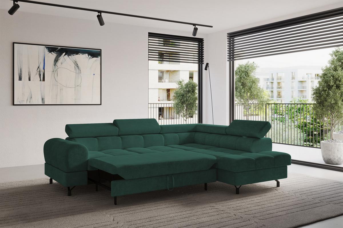 ECKSOFA mit Schlaffunktion Ottomane Rechts LUMA-L 272x203x70 Grün Velours - Waldgrün/Schwarz, Holzwerkstoff/Kunststoff (203/272cm) - ALTDECOR