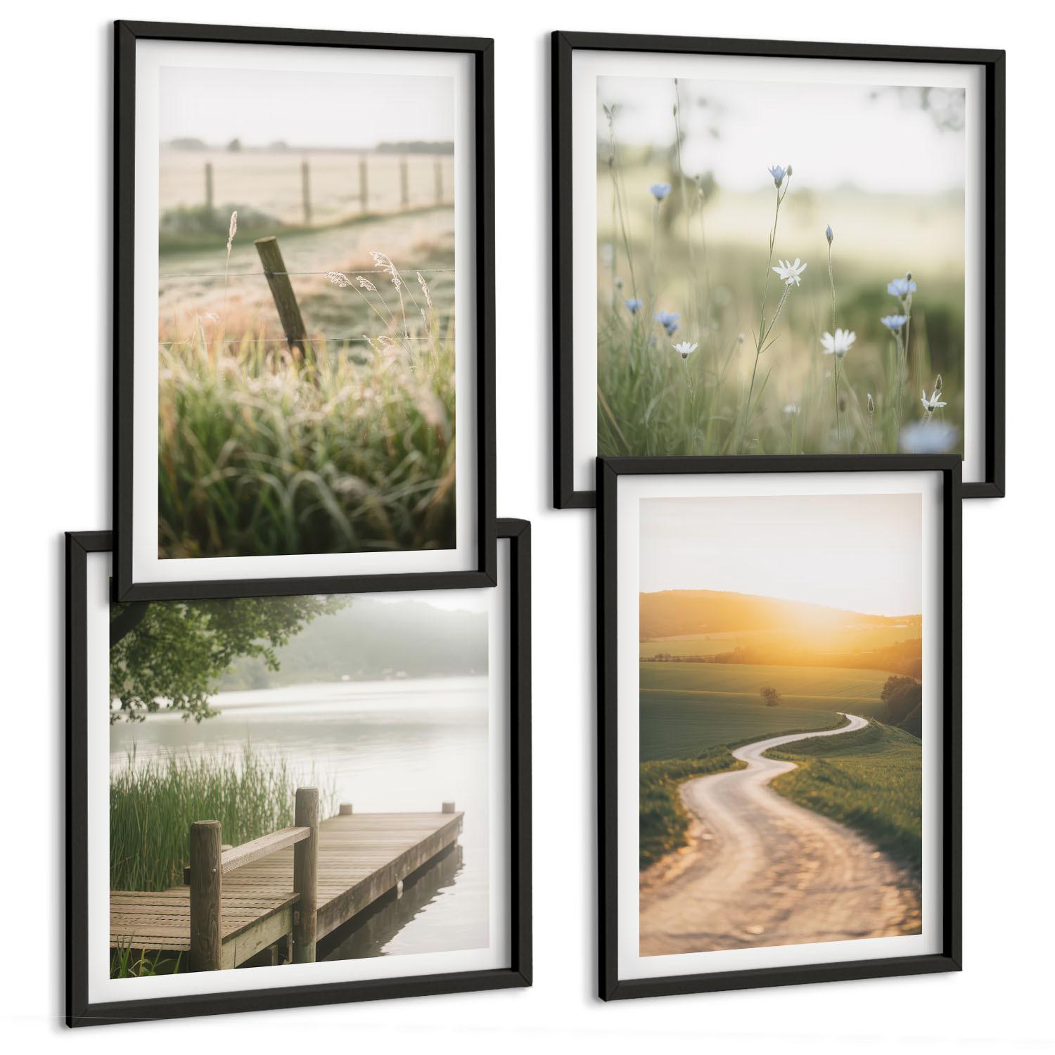 BILDER SET 4er Set - 50x50 cm & 40x60 cm Schwarzer Rahmen - Landschaftswiesenstraße West - Schwarz, Kunststoff (50/50cm) - TULUP