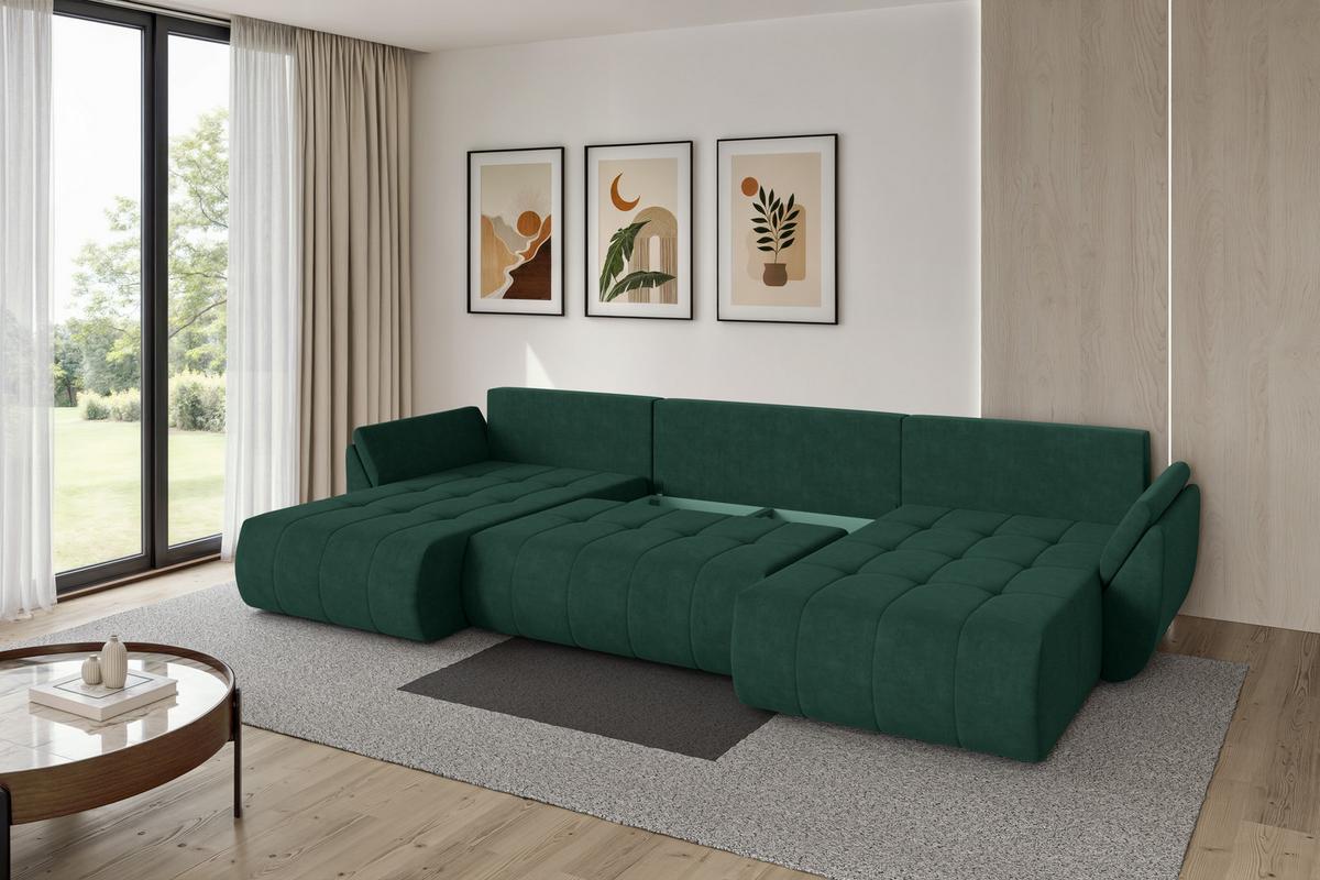 WOHNLANDSCHAFT mit Schlaffunktion und Bettkasten TOKO-U 378x194x86 Grün Velours - Schwarz/Grün, Holzwerkstoff/Kunststoff (378/86/194cm) - ALTDECOR
