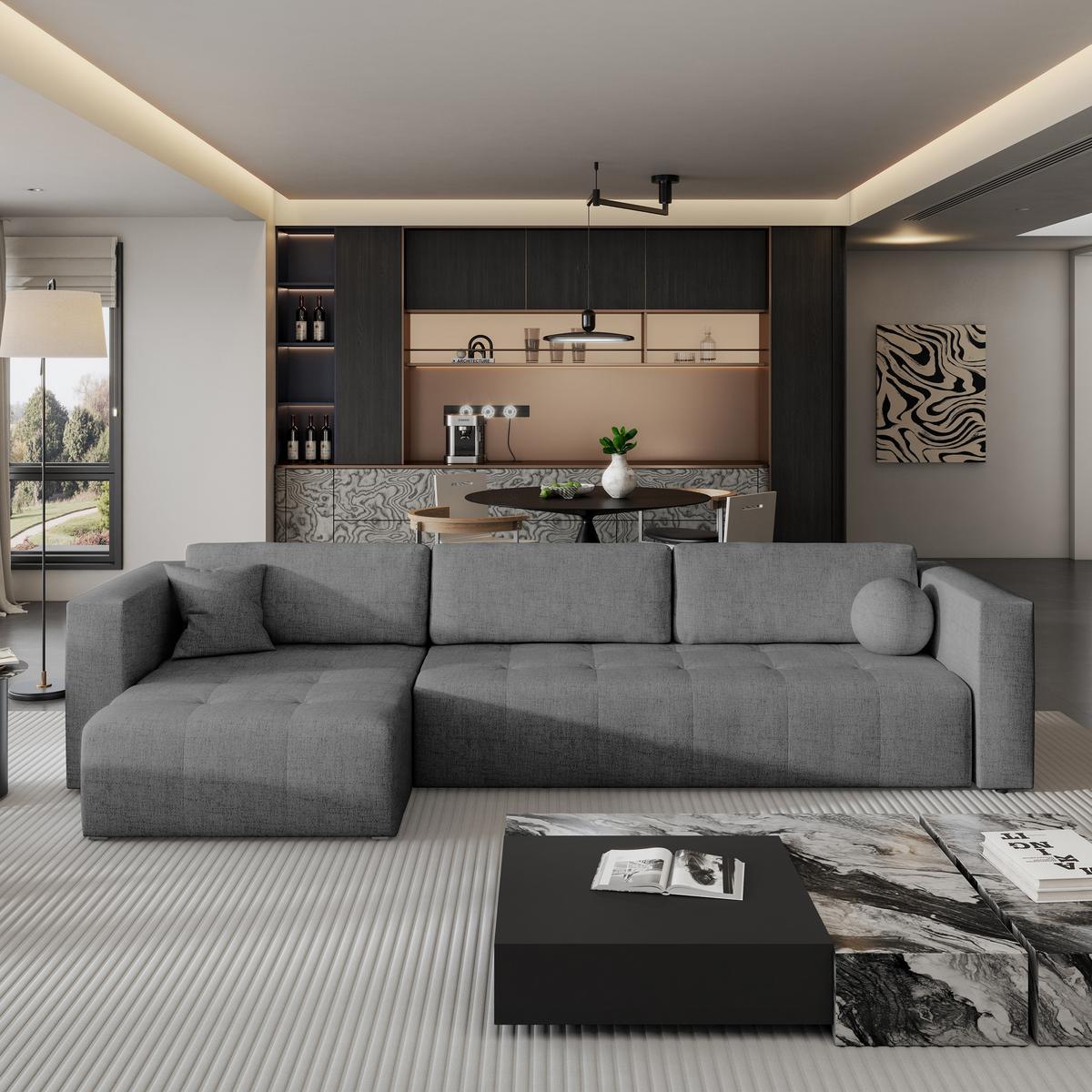 ECKSOFA OLVERA Grau Geflochtener Stoff mit Schlaffunktion - Grau, Holz (347/148cm) - MASSENO