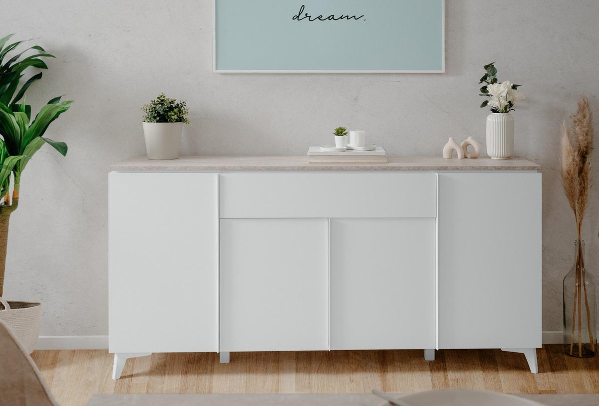 SIDEBOARD weiß, Sandstein 177 x 92 cm, Kommode 4-türig - Weiß, Holzwerkstoff/Kunststoff (177/92/40cm) - Furn.Design