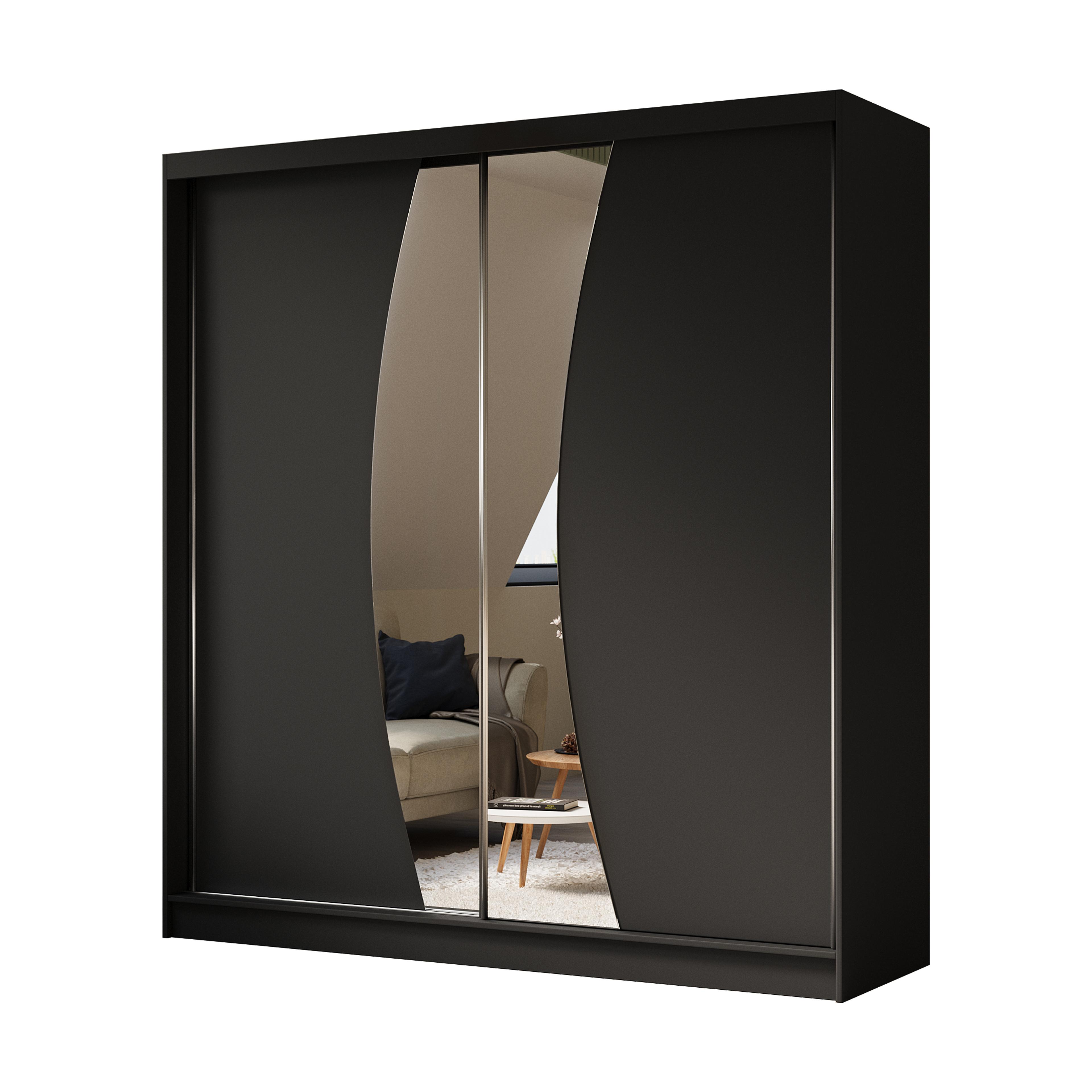 KLEIDERSCHRANK mit Spiegel-Schiebetüren und Aluminium-Leisten - VOXI - 200 cm Schwarz - Schwarz, Holzwerkstoff (200/216/61cm) - ALTDECOR