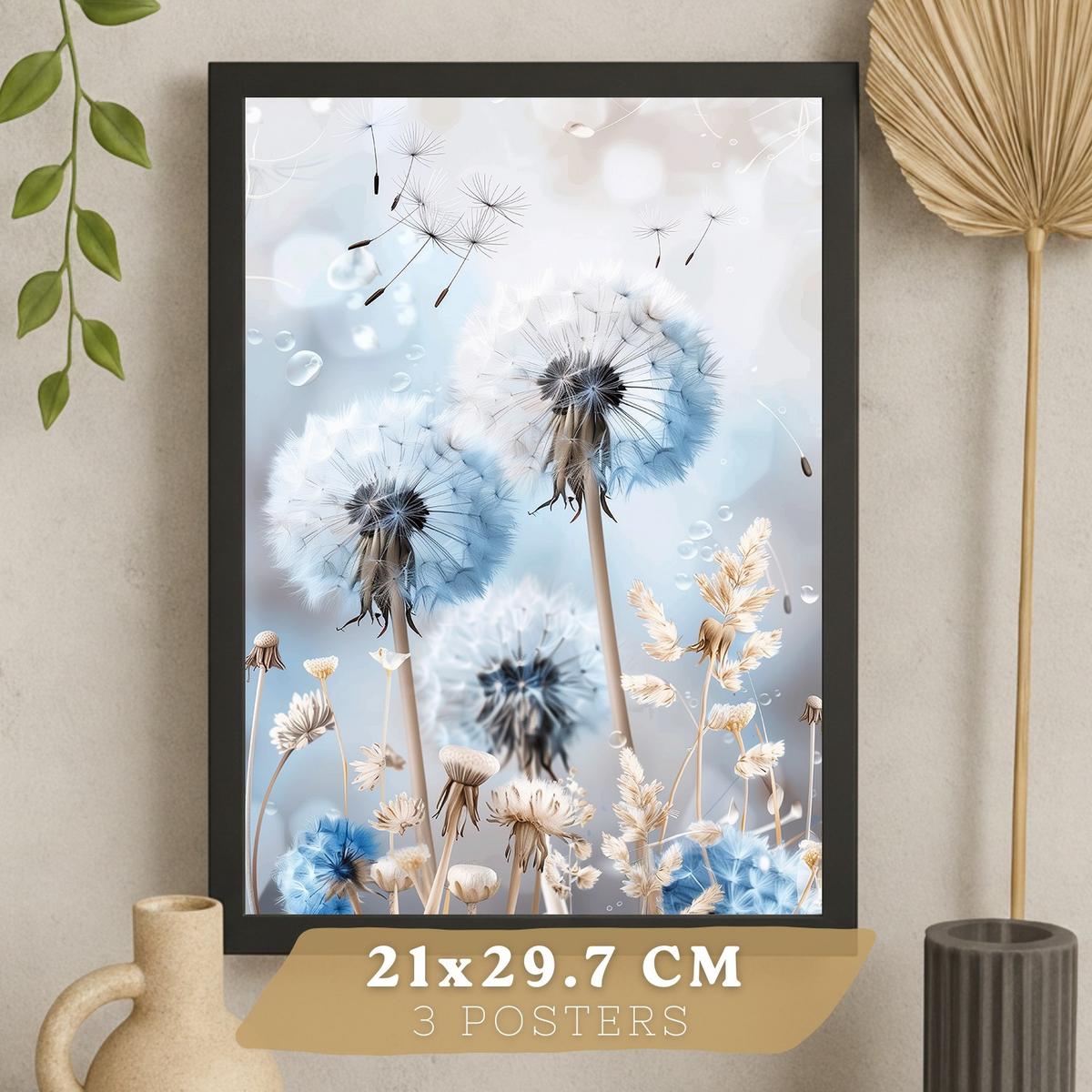 POSTER 3er Kunstdruck-Set Wandbilder Floral Blau modern Wohnzimmer Deko, Schlafzimmer, Küche, Badezimmer Schwarzer Rahmen A4 - Schwarz, Papier (29.7/1/21cm) - Nacnic