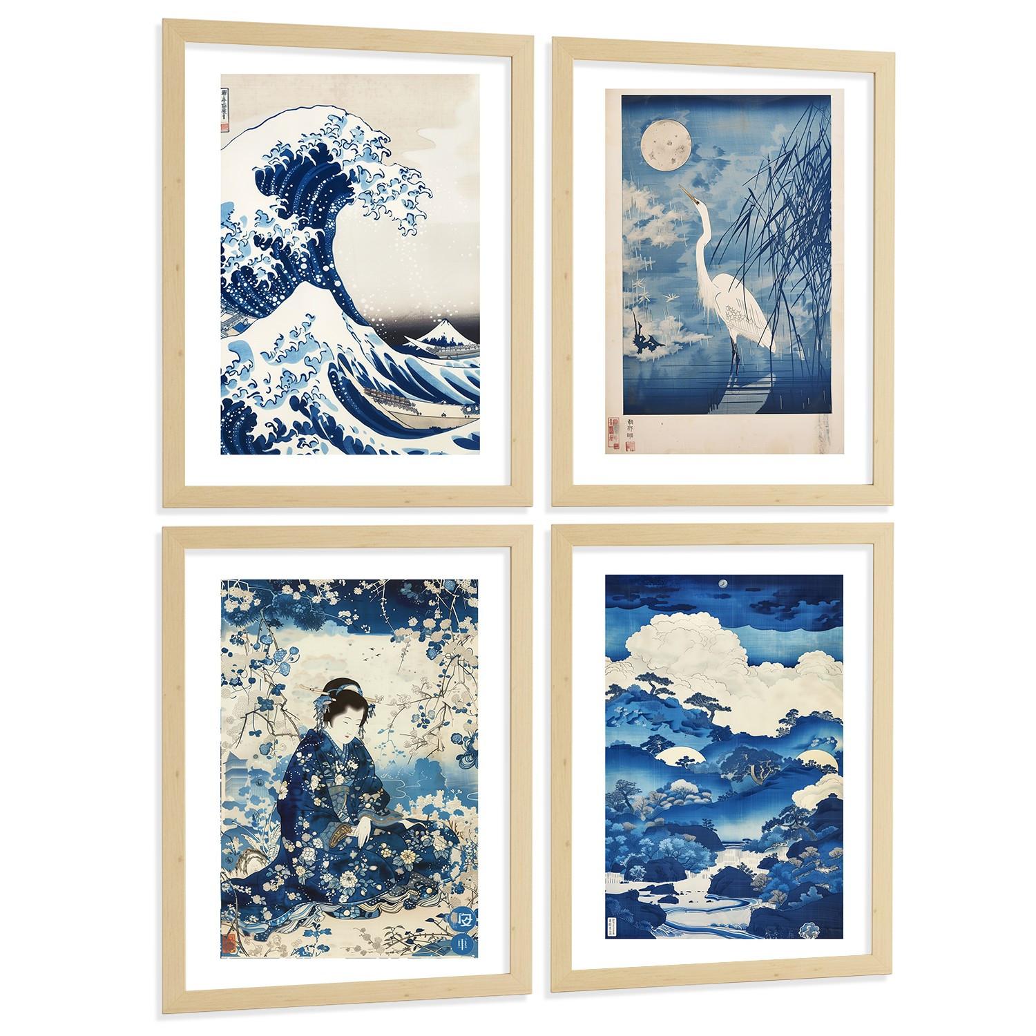 POSTER 4er Bilder-Set Wandbilder Japanisch modern Wohnzimmer Deko, Schlafzimmer, Küche, Badezimmer Leichter Holzrahmen A3 - Beige, Papier (29.7/1/42cm) - Nacnic